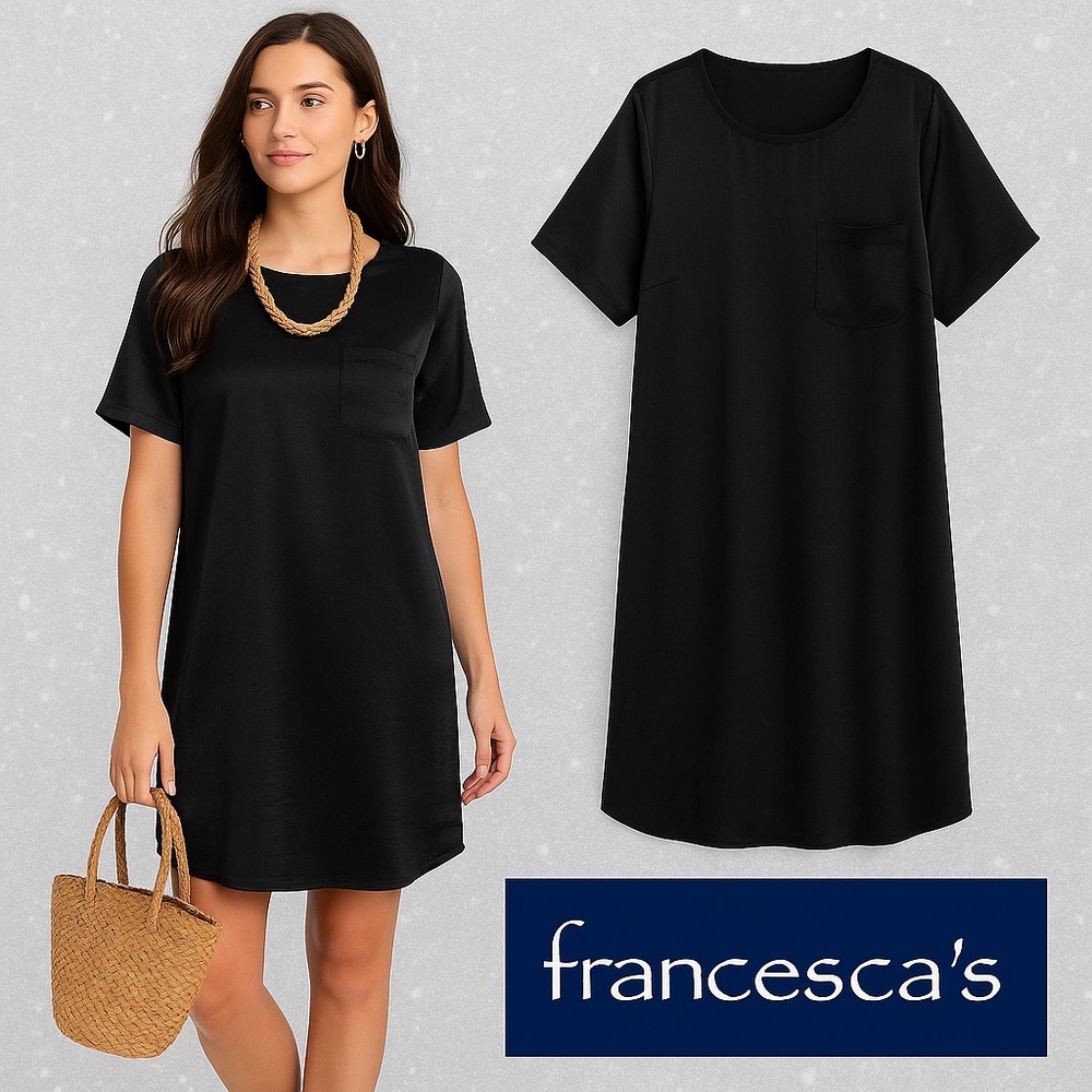 Nwt,Franchesca’s Mi Ami,Black Sateen Shirt-Dress,Chest Pocket,Firm Price, Large